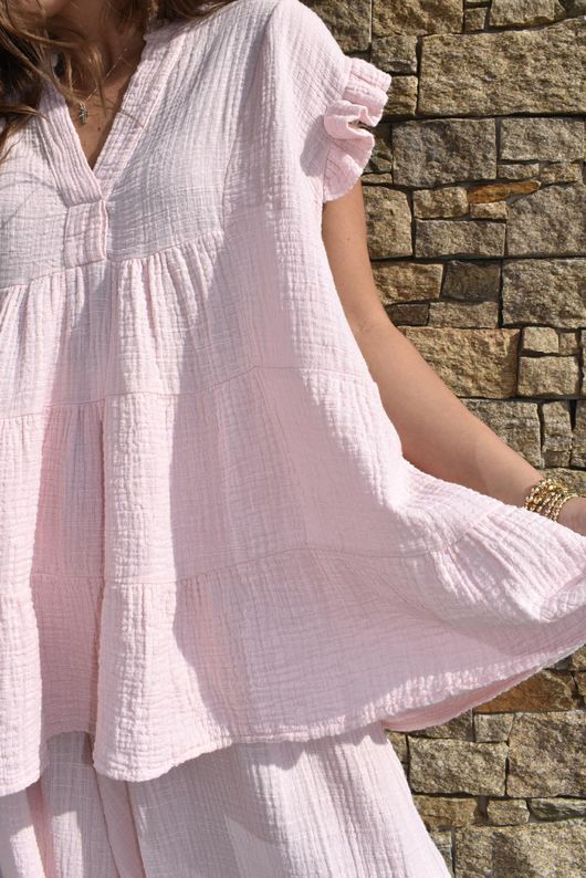 Tasha Cushion Cotton Cap Sleeve Tier Top Seashell